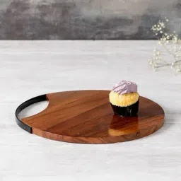 Nestroots Wooden Serving Platter sizzler Plate for Snacks Round platters for Snacks Copper Handle-45