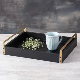 Nestroots MDF Black Serving Tray Wooden Tray Platter for Kitchen Tea Coffee Serving with Gold Handle-39