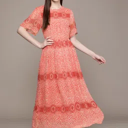 Label Ritu Kumar Women Red & White Ethnic Motifs Georgette Maxi Dress-picture-29