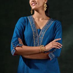 Taneira Blue Cotton Regular Fit Polka Dots Kurta-picture-33