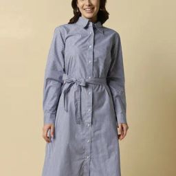 Allen Solly Blue Cotton Stripes Full Sleeves Midi Dress-27