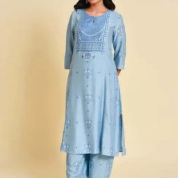 W Women Blue Floral Print Rayon Co-Ord Kurta Set With Parallel Pant-image-37