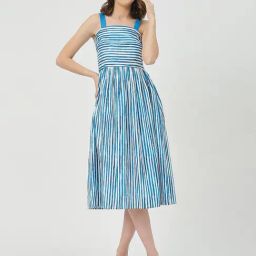 Moomaya Blue Cotton Striped Midi Dress-image-22