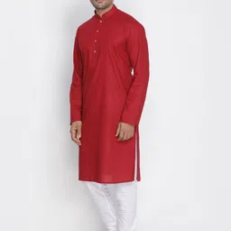 VASTRAMAY Men Red & White Solid Kurta with Pyjamas image 3