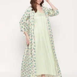 Clovia Green Floral Print Nighty With Robe-image-54