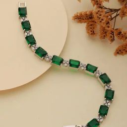 Saraf Rs Jewellery Green Silver Toned CZ Studded Minimal Link Tennis Bracelet-33