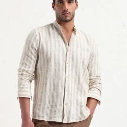 SHOW OFF Cream Cotton Slim Fit Stripes Shirt-image-56