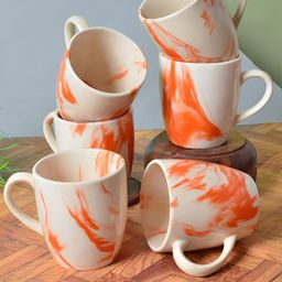 FABINALIV White & Orange Printed Ceramic Glossy Cups Set of Cups and Mugs-17
