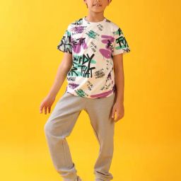 Anthrilo Boys White & Grey Cotton Regular Fit Printed Joggers Set-image-79