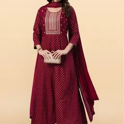 Anouk Rustic Geometric Printed Thread Work Panelled A-Line Kurta & Trousers With Dupatta-6