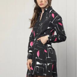 RAREISM Black Cotton Printed Long Sleeves Dress-image-70