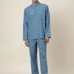 Fabindia Blue Cotton Comfort Fit Striped Lounge set-image-30