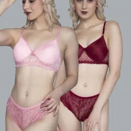 FIMS Pink & Maroon Lace Work Bra Panty Sets - Pack Of 2-41