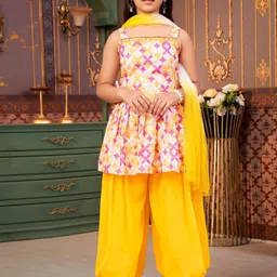 Sangria Girls Floral Printed Square Neck A-Line Kurti With Patiala & Dupatta-image-93