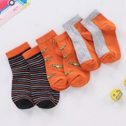 Cute Walk by Babyhug Non Terry Cotton Knit Ankle Length Anti Bacterial Socks Stripes & Dino Design Pack of 3 - Orange & Black-image-54