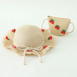 Babyhug Crochet Cherry Applique Straw Hat With String Bow & Purse Beige - Diameter 17.5 cm-image-52