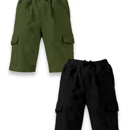 Kiddopanti Pack Of 2 Solid Cargo  Shorts - Military Green & Jet Black-picture-2