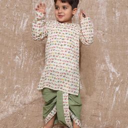 AJ Dezines  Pure Cotton Full Sleeves Animal Printed   Kurta With Coordinating lace Embellished Dhoti Set - Green-image-62