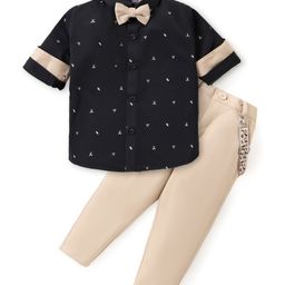 Babyhug Woven Full Sleeves Party Wear Shirt & Pant With Bow & Suspender Sunglasses Print - Black & Beige-image-65