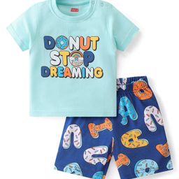 Babyhug Cotton Knit Single Jersey Half Sleeves Night Suit With Text Print - Blue-picture-21
