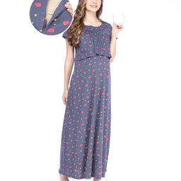 Bella Mama 100% Cotton Knit Half Sleeves Nighty with Concealed Zipper Strawberry Print - Grey-image-52