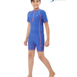 Bosky Swimwear Half Sleeves Bodysuit with Line Print - Blue-image-95