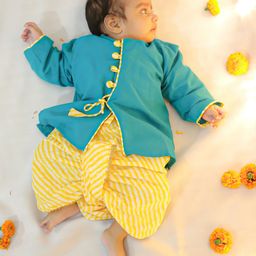 BownBee Pure Cotton Full Sleeves Leheriya Designed Kurta & Dhoti Set - Green-image-89