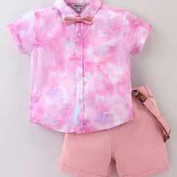 ToffyHouse 100% Cotton Half Sleeves Tie & Dye Shirt & Shorts Set With Suspender & Bow - Pink & Peach-picture-28