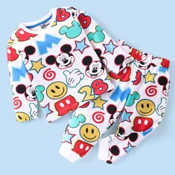 Babyhug Disney 100% Cotton Knit Full Sleeve Night Suit With Mickey Mouse Print - White-picture-33