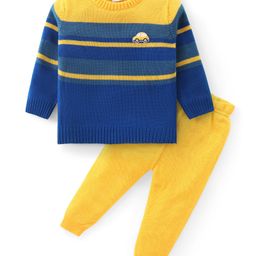 Babyhug Knitted Full Sleeves Sweater Set with Stripes & Patch Work Detailing - Mustard & Blue-image-84