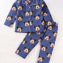 Babyhug Disney Cotton Knit Full Sleeves Front Open Night Suit With Mickey Mouse Print - Blue-image-90