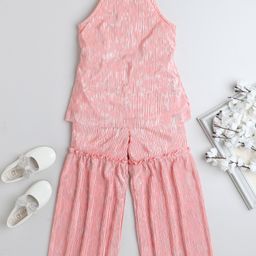Taffykids Halter Neck Foil Detailed Accordion Pleated Top With Coordinating Pant Set - Peach-image-50