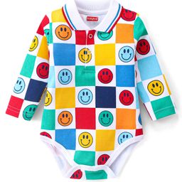 Babyhug 100% Cotton Knit Full Sleeves Collared Onesie with Smiley Print - White-image-8