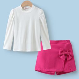 Kookie Kids Full Sleeves Solid Top & Skirt Set With Bow Applique - White & Dark Pink-image-88