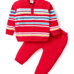 Babyhug Knitted Full Sleeves Collar Neck Sweater Set With Stripes Design - Red-image-46