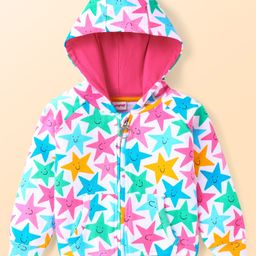 Babyhug Cotton Knit Full Sleeves Star Printed Hooded Sweatjacket with Kangaroo Pockets- White-image-71