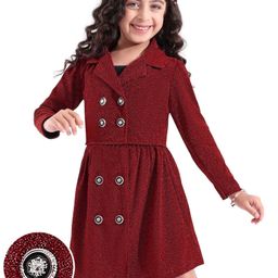 Hola Bonita Knit Full Sleeves Shimmered Jacket Top & Skirt Set with Button Detailing - Dark Red-image-81