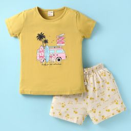 CUCUMBER Sinker Knit Half Sleeves Night Suit With Beach Theme - Yellow & White-image-97