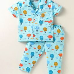 Little Darlings Sinker Knit Half Sleeves Front Open Air Balloon Printed Night Suit - Aqua Blue-image-28