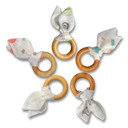 BitFeex Wood Ring with ear cloths 3 Inch Baby Soft Muslin Sensory Crinkle Bunny Ear Wood Teething Ring-Color May Vary-12