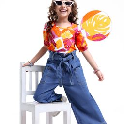 Ollington St. Sinker Knit Half Sleeves Leaf Printed Top & Solid Color Denim Culottes With Self Fabric Belt - Navy Blue Orange-picture-36