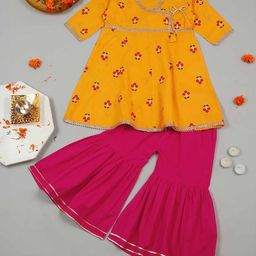 Little Ginnie Cotton Half Sleeves Floral Printed & Gotta Lace Embellished Kurta Sharara Set - Yellow-image-101