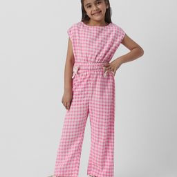 Nauti Nati Cotton Sleeveless Checked & Bow Applique Detailed Jumpsuit - Pink-image-88