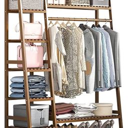 House of Quirk Bamboo Wood Garment Clothing Rack with 5 Tiers Storage Shelf Corner Hanging Rack (110x40x140cm, Tan)-image-18