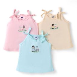 Simply Sinker Knit Singlet Sleeves Slips With Girl Print Pack of 3 - Aqua Blue Pink & Beige-image-95