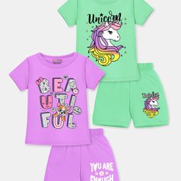 Trampoline Cotton Blend Pack Of 2 Half Sleeves Unicorn & Typography Printed Tee With Shorts Set - Purple & Pista-11