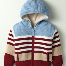 Yellow Apple Knitted Full Sleeves Front Open Hooded Striped Sweater - Rust-image-65