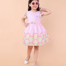 PINK MERMAID Cotton Woven Frill Sleeves Striped & Rainbow Printed Dress - Pink-image-4