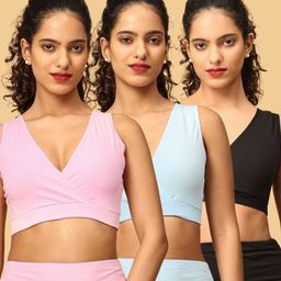 The Mom Store Cotton Knit Pack Of 3 Solid Maternity Nursing Sleep Bras - Blue Pink & Black-image-131