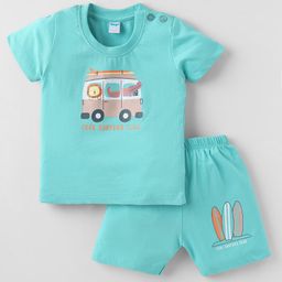 Tango Single Jersey Knit Half Sleeves T-Shirt & Shorts Set with Vehicle Print - Aqua Blue-image-101